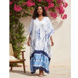 Women White & Blue Polyester Caftan Maxi Dress Stylish Mumu Cover Up Dresses